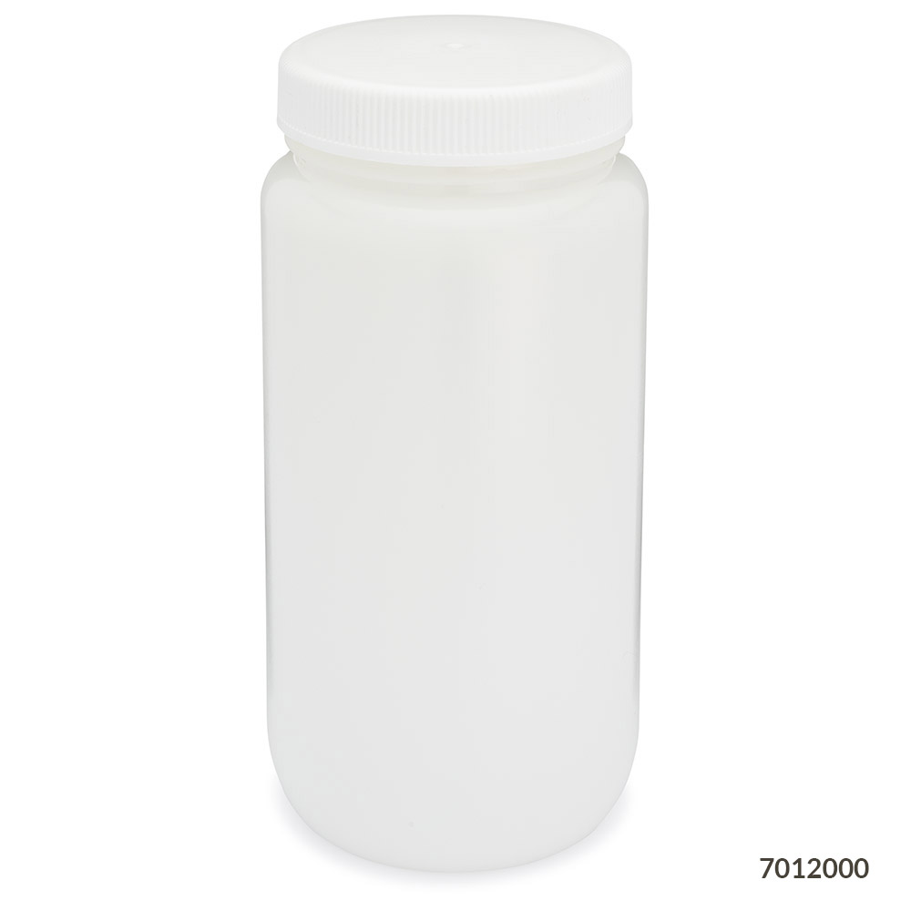 Globe Scientific Bottle, Wide Mouth, HDPE Bottle, Attached PP Screw Cap, 2 Litres (0.5 Gallons) Bottle; Boston Round; Wide Mouth; HDPE; High Density Polyethylene; Screwcap; storage bottle; lab bottle